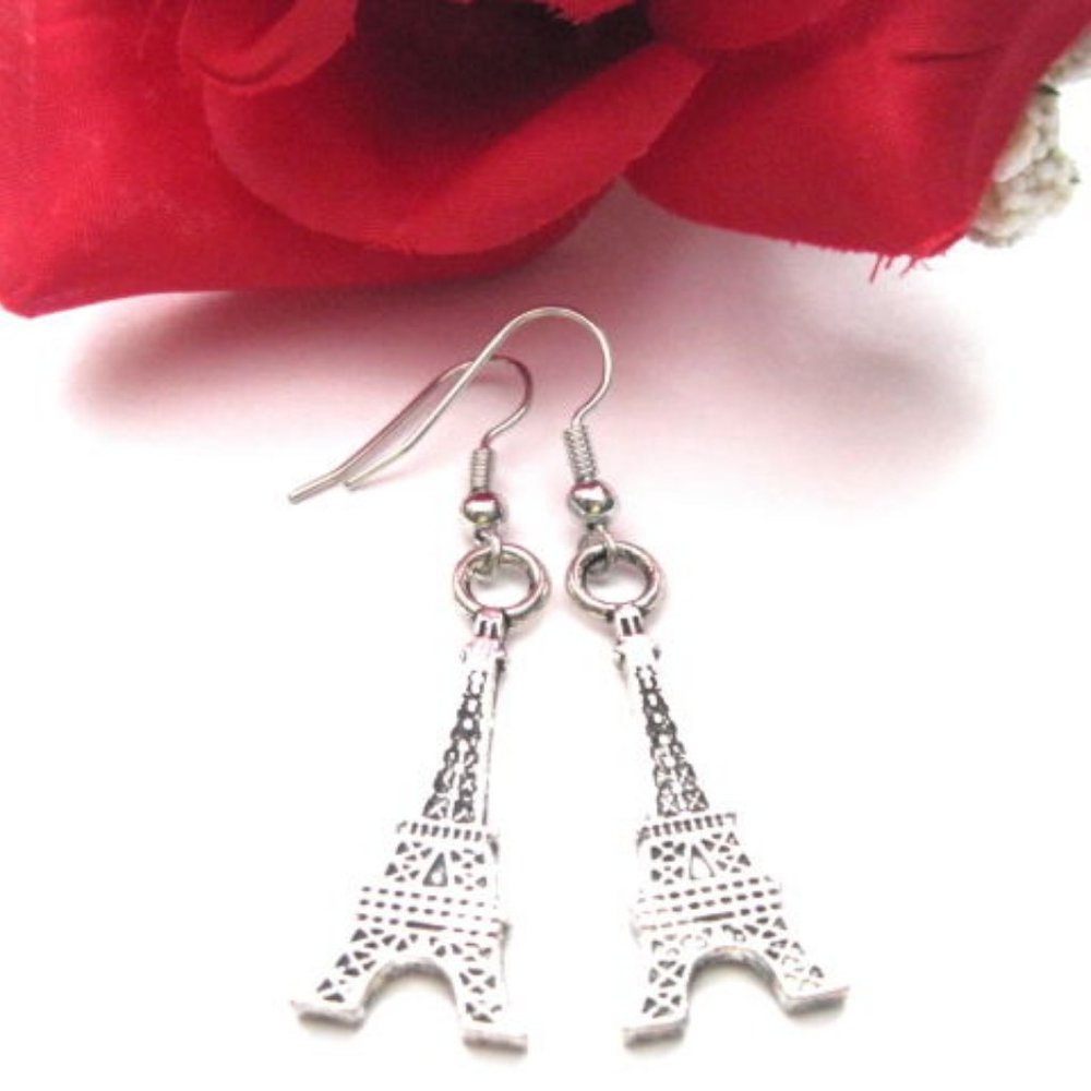 Antique Silver Eiffel Tower Dangle Earrings